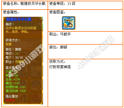  4399龙斗士弓箭手33级敏捷的月华长靴
