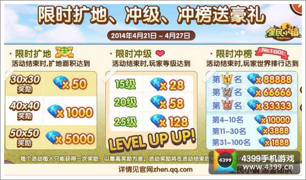 《全民小镇》限时扩地升级送钻石 限时冲榜钻石最高达88888