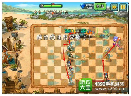 植物大战僵尸2巨浪沙滩贪食饿梨第一关攻略