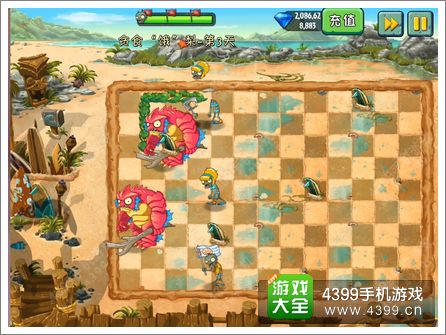 植物大战僵尸2巨浪沙滩贪食饿梨第三关攻略