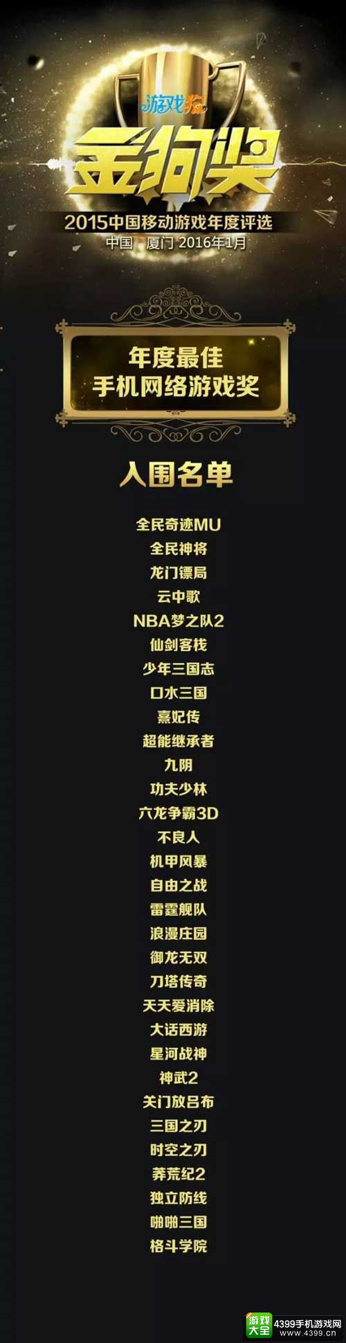 2015金狗奖中国移动游戏年度评选入围名单正式公布