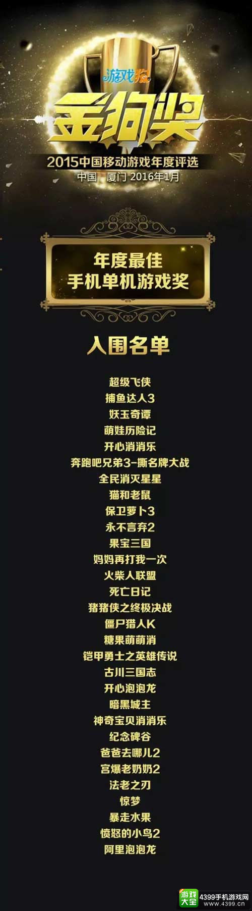2015金狗奖中国移动游戏年度评选入围名单正式公布