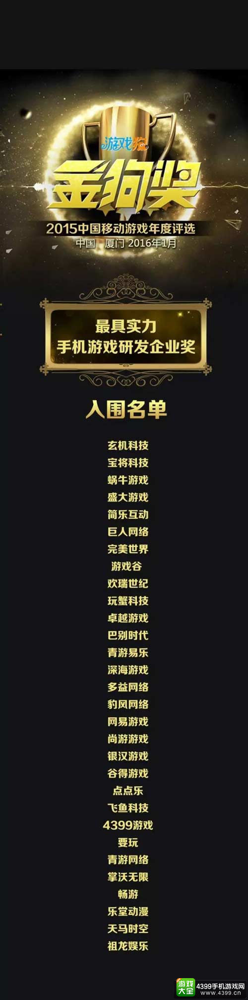 2015金狗奖中国移动游戏年度评选入围名单正式公布