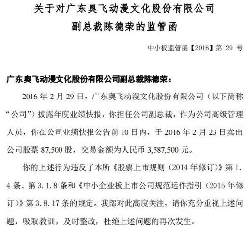 奥飞动漫副总裁违规减持