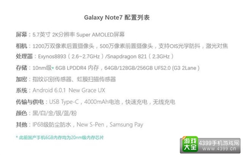 Galaxy Note 7配置