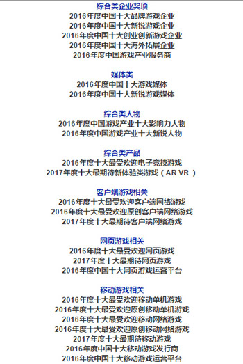 2016年度“游戏十强”评选类别及名称