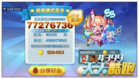 天天酷跑九色鹿搭配猫小魅1:4000经典模式实测